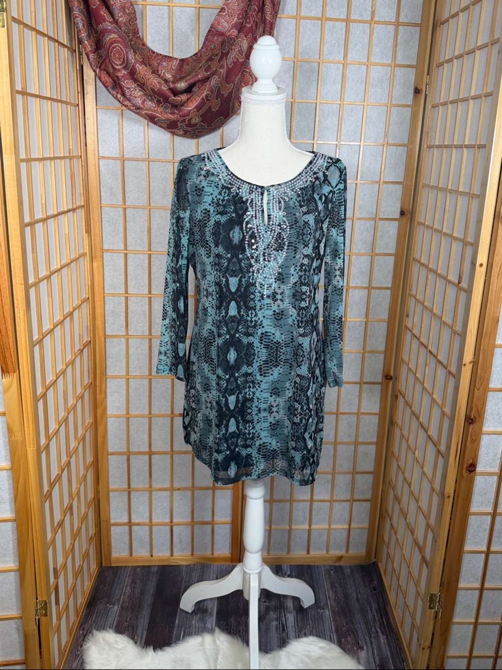 INC International Concepts Teal Snake-Print Beaded Tunic